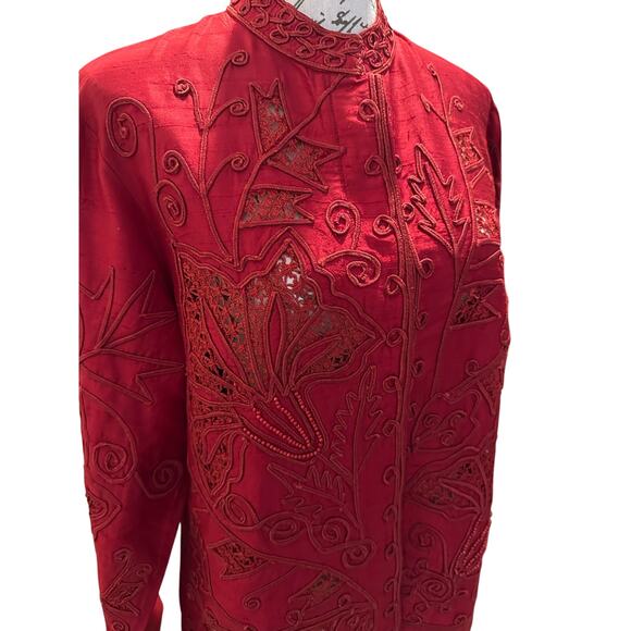 Vintage Norm Thompson Ruby Red Silk Embroidered Holiday Festive Jacket Size M - Picture 2 of 9